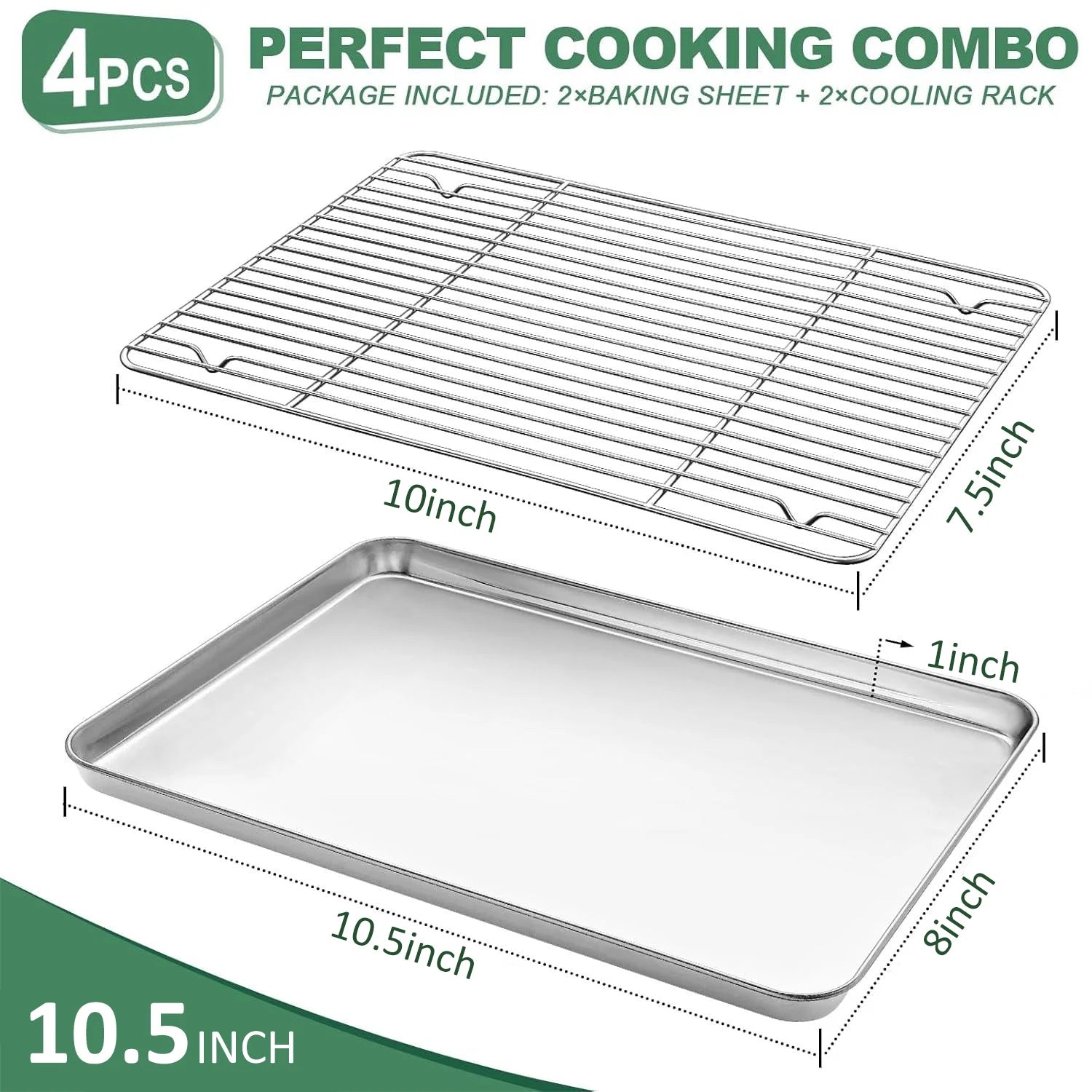 Baking Sheet with Rack Set (2 Pans + 2 Racks), 10.5” X8” X1” Stainless Steel Baking Pan Tray with Cooling Rack, Nonstick Cookie Sheet, Warp Resistant & Heavy Duty & Rust Free