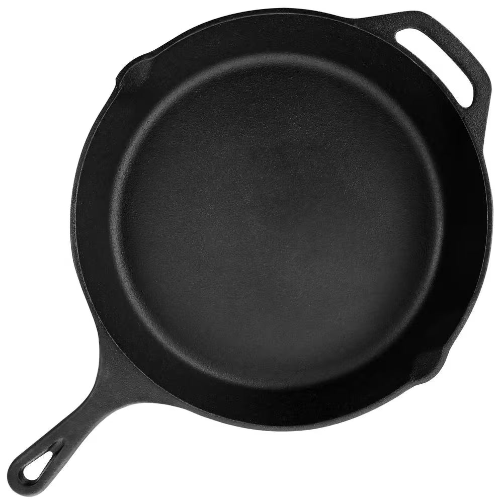 12 In. round Pre Seasoned Cast Iron Frying Pan in Black