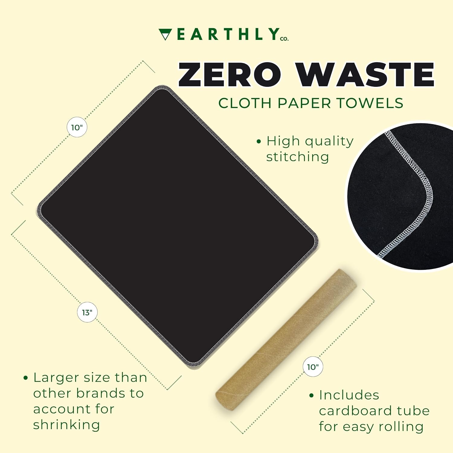 Reusable Paper Towels - 10 Pack - Roll of Washable Cotton Cloth Paper Towels - Paperless Reusable Napkins Cloth Washable - Absorbent + Long Lasting - Zero Waste Products - (Black Tie)