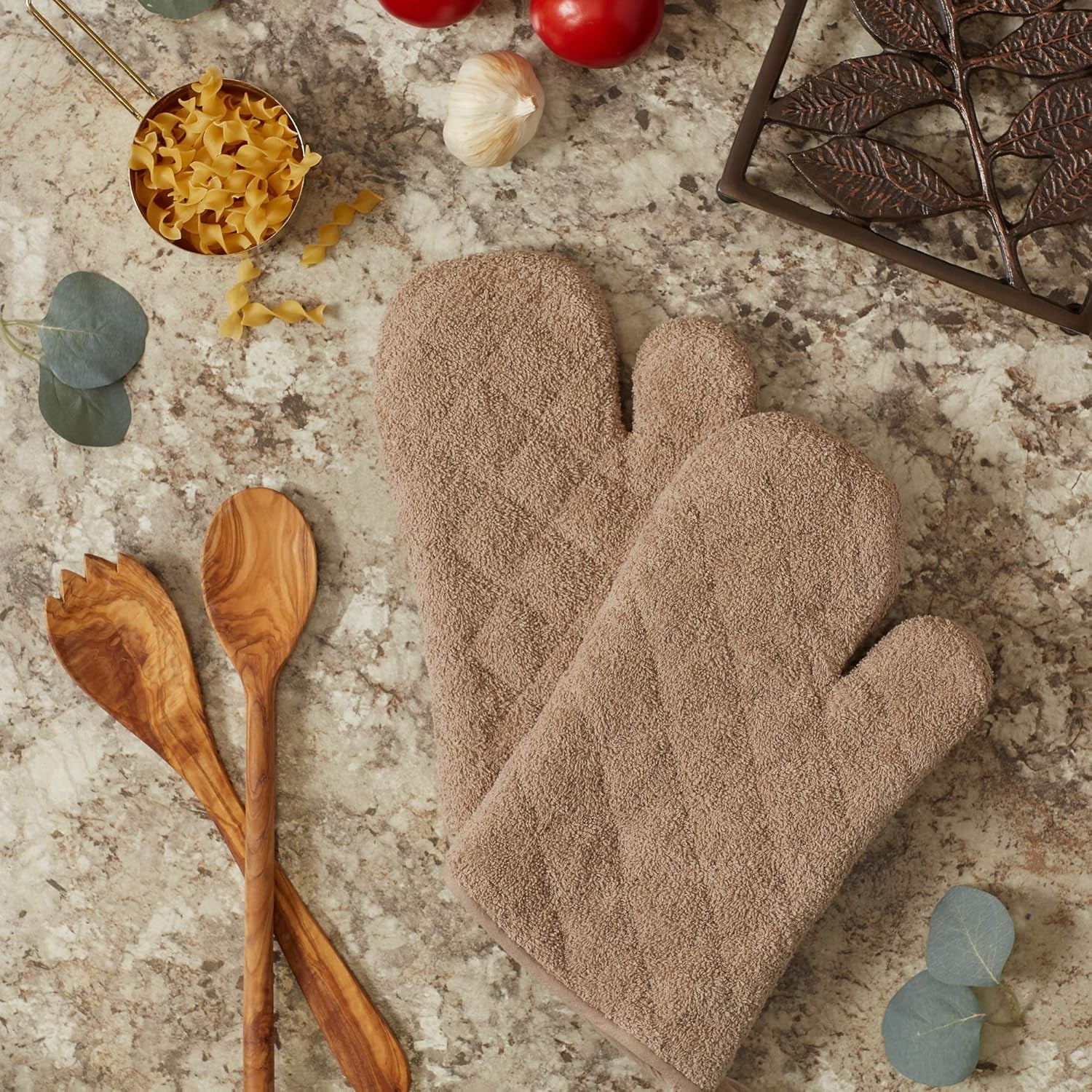 Basic Terry Collection 100% Cotton Quilted, Oven Mitt, Stone, 2 Piece