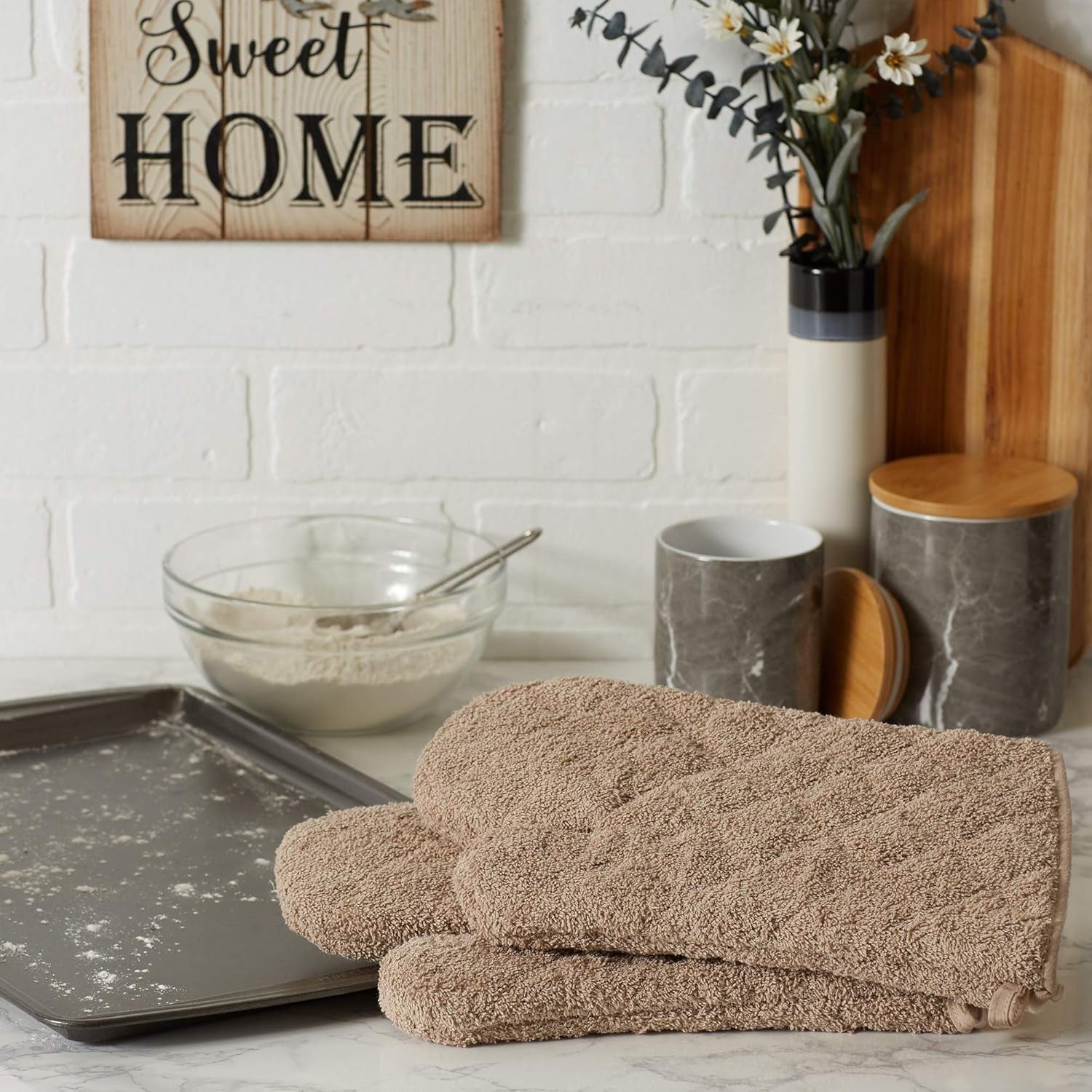 Basic Terry Collection 100% Cotton Quilted, Oven Mitt, Stone, 2 Piece