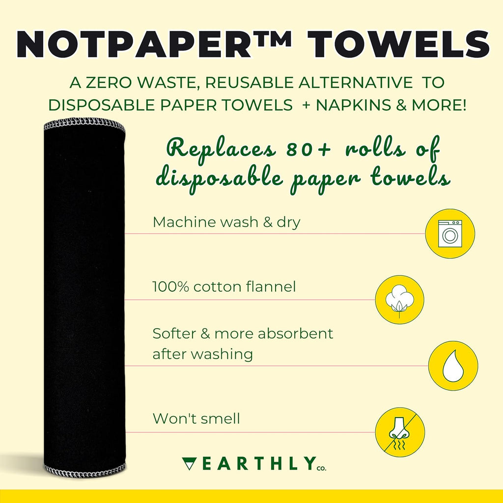 Reusable Paper Towels - 10 Pack - Roll of Washable Cotton Cloth Paper Towels - Paperless Reusable Napkins Cloth Washable - Absorbent + Long Lasting - Zero Waste Products - (Black Tie)