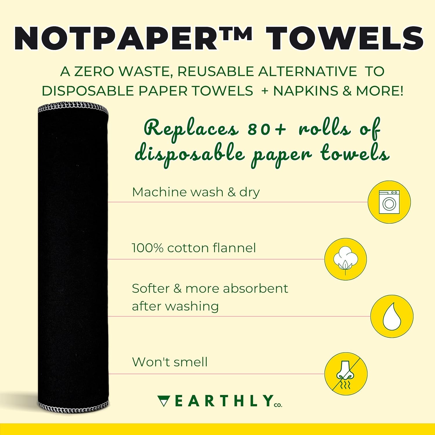 Reusable Paper Towels - 10 Pack - Roll of Washable Cotton Cloth Paper Towels - Paperless Reusable Napkins Cloth Washable - Absorbent + Long Lasting - Zero Waste Products - (Black Tie)