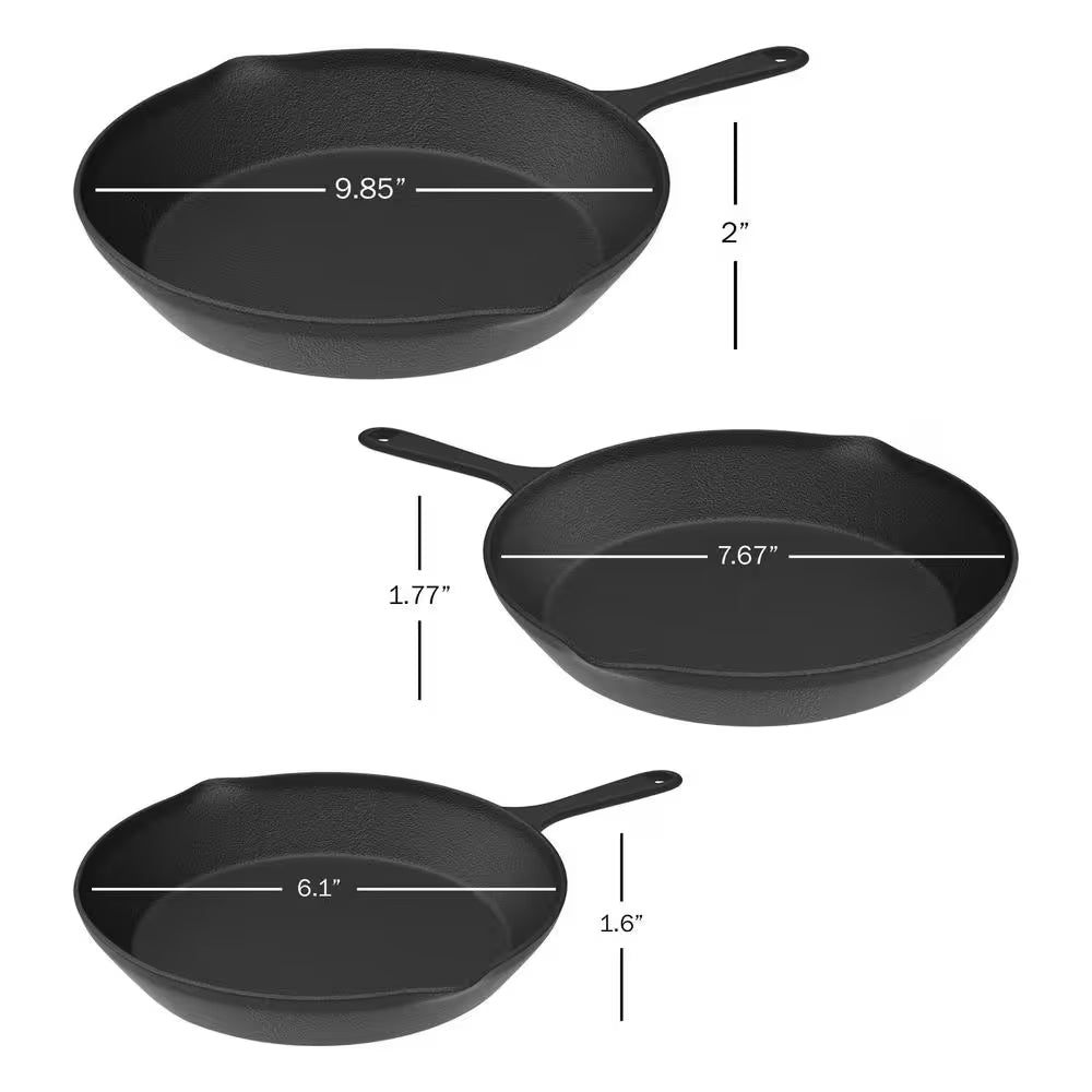 Pre-Seasoned 3-Piece Cast Iron Skillet Set in Black