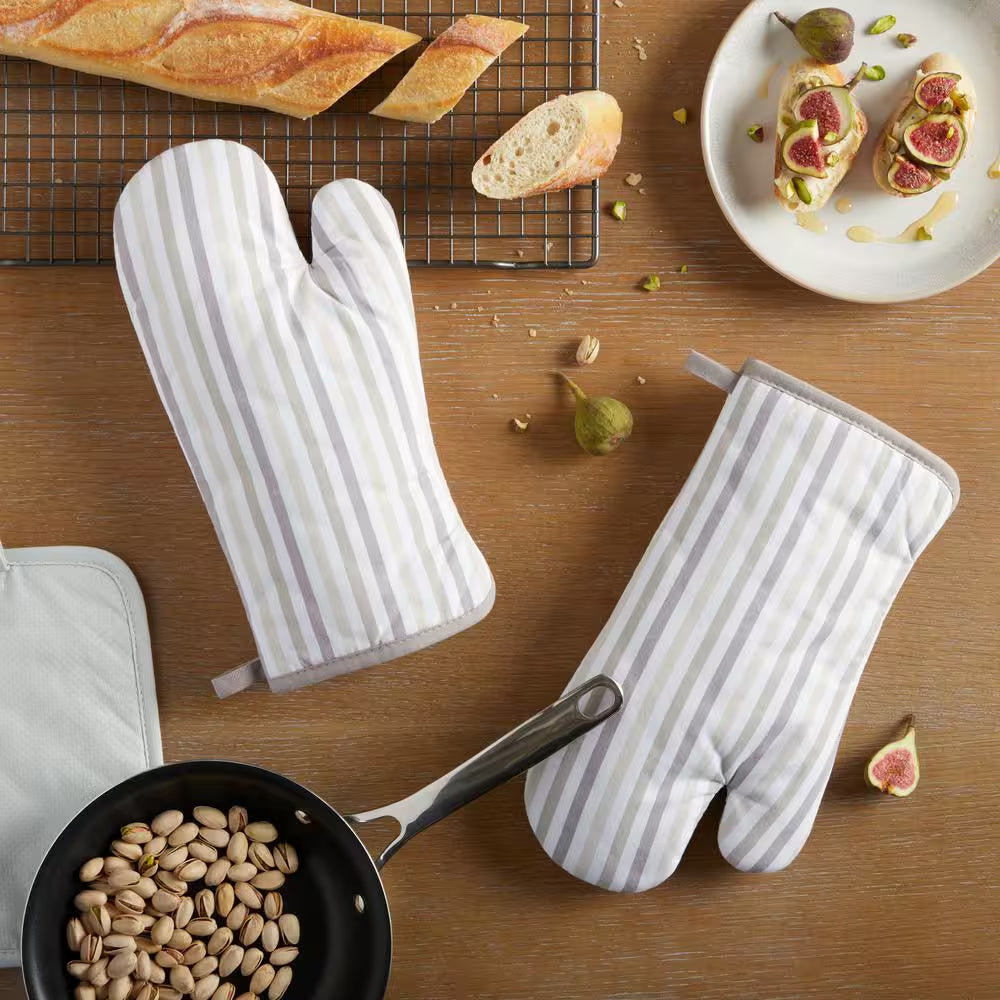 Daisy Stripe Beige/Brown Cotton Oven Mitt (Set of 2)